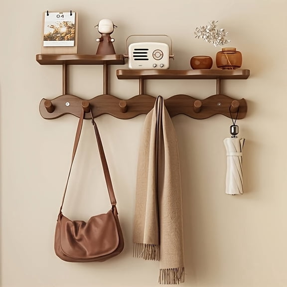 1pc Wall-Mounted Wooden Coat Rack with Shelf - 6 Hooks, No-Drill Easy Install, Multipurpose Organizer for Entryway, Living Room & Bedroom