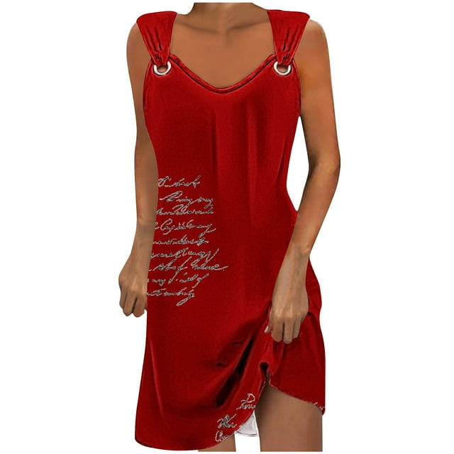 Penkiiy Robes d'Été pour Femmes 2024 Décontractées Ajustées Amples Couleur Unie Col Rond Tempérament Élégantes Robes Dos Nu 2TG Rouge