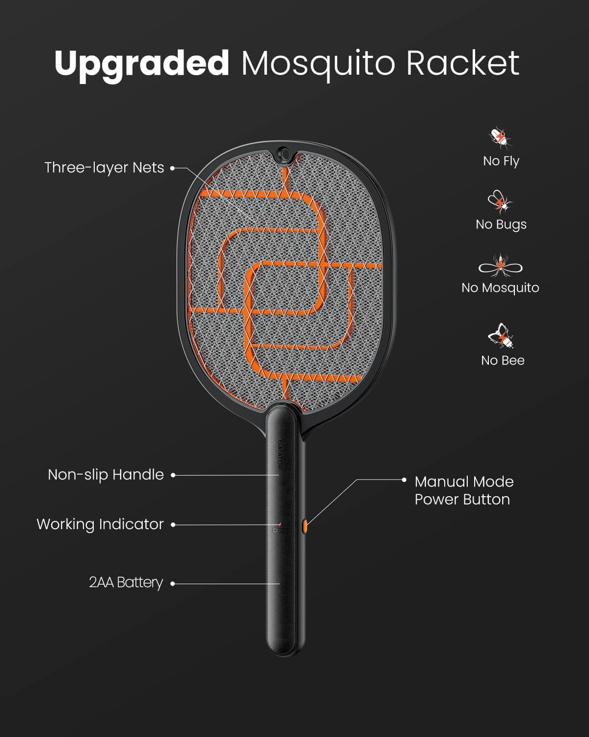 Electric Fly Swatter, 3000V Battery Powered Handheld Fly Zapper, 3-Layer Protection Grid Bug Zapper Racket for Home Bedroom Kitchen Office Backyard Patio Indoor Outdoor