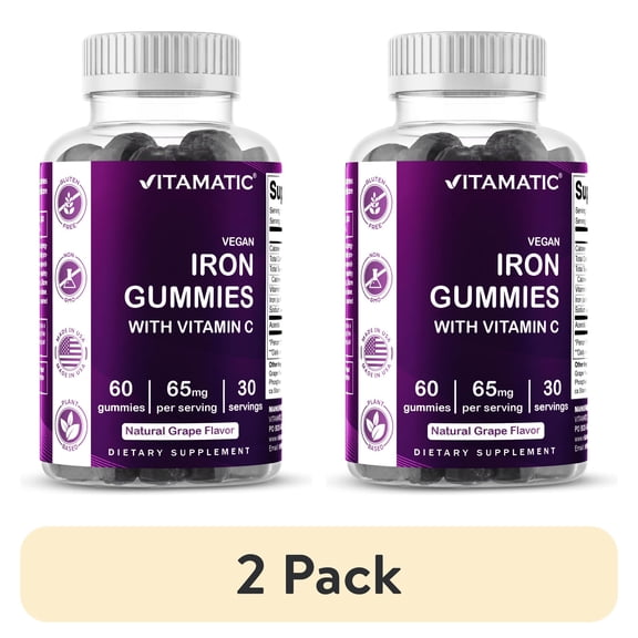 (2 pack) Vitamatic Iron 65 mg Gummies Supplement for Women & Men - 60 Vegan Gummies - Great Tasting Iron Gummy Vitamins with Vitamin C (1)