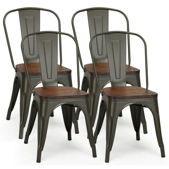 Costway Set of 4 Style Metal Dining Side Chair Wood Seat Stackable Bistro Cafe Brown