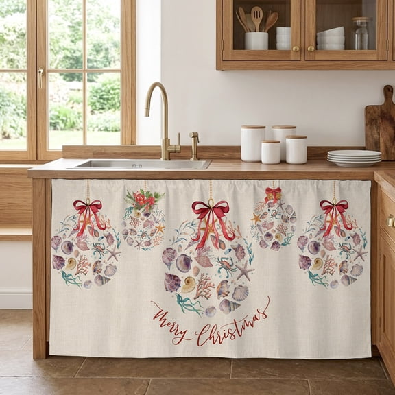 Coastal Christmas Cabinet Curtain 28"Wx51"L, Dustproof Storage Cabinet Curtain with Self Adhesive Tape, Xmas Balls Nautical Starfish Tall Pantry Cover Drape for Kitchen, Laundry Room, Utility Closet