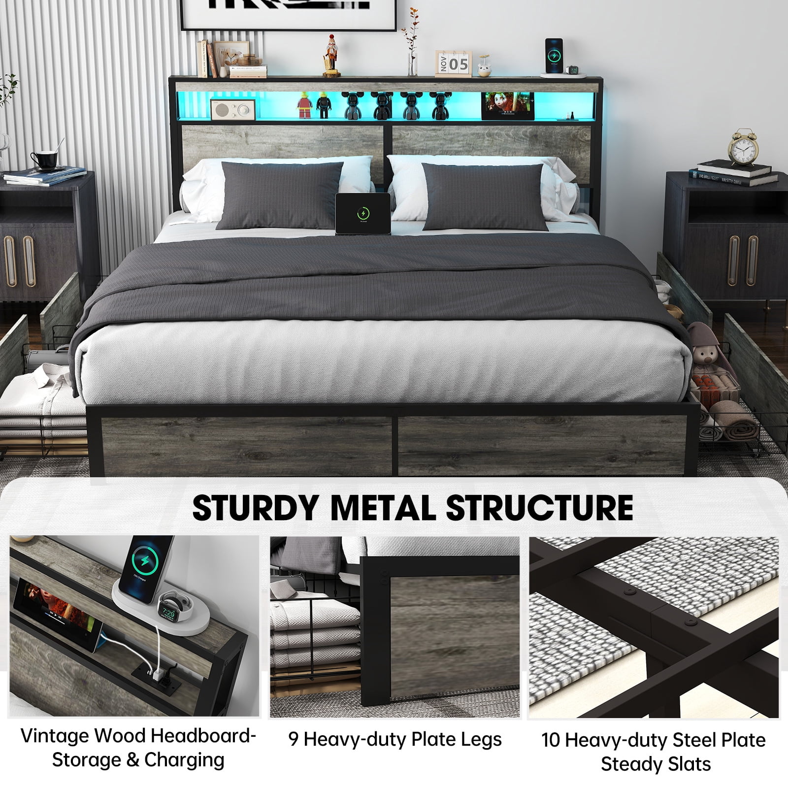 DRNANLIT King Size Bed with Storage Headboard, 4 Drawers, LED Lights, Charging Station, Metal Platform, No Box Spring Needed, Grey