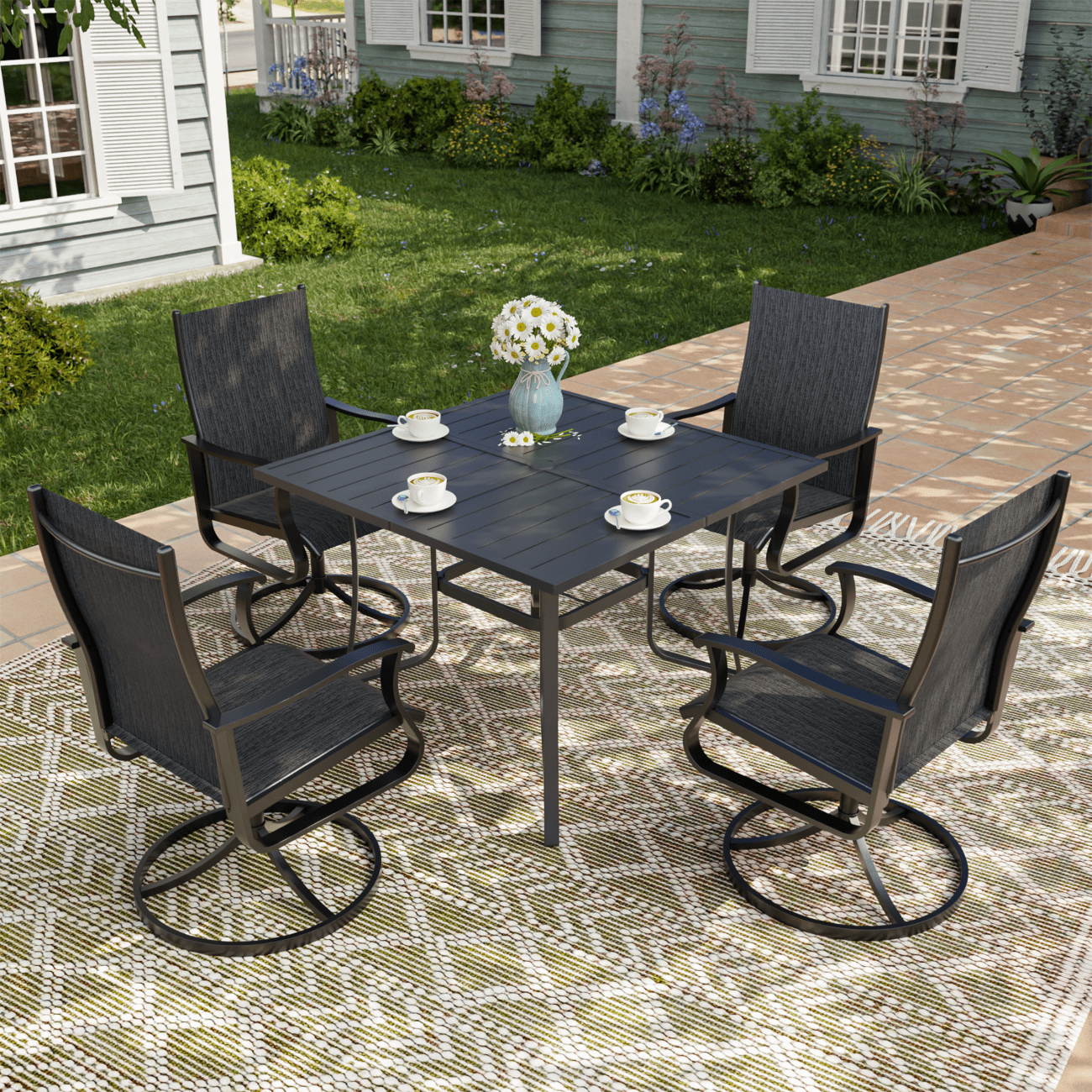 UDPATIO Low Back Outdoor Dining Chair Set of 4, 360°Swivel Patio Chair Outside for Lawn Garden Backyard Deck, Dark Grey
