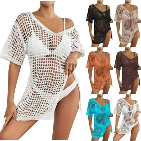 Axiiglly Beach Cover Ups for Women Solid Color Crochet Coverups Short Sleeve Side Split Swimwear Tops Hollow Out Bathing Suit Cover Up Summer Casual Bikini Vacation Oufits