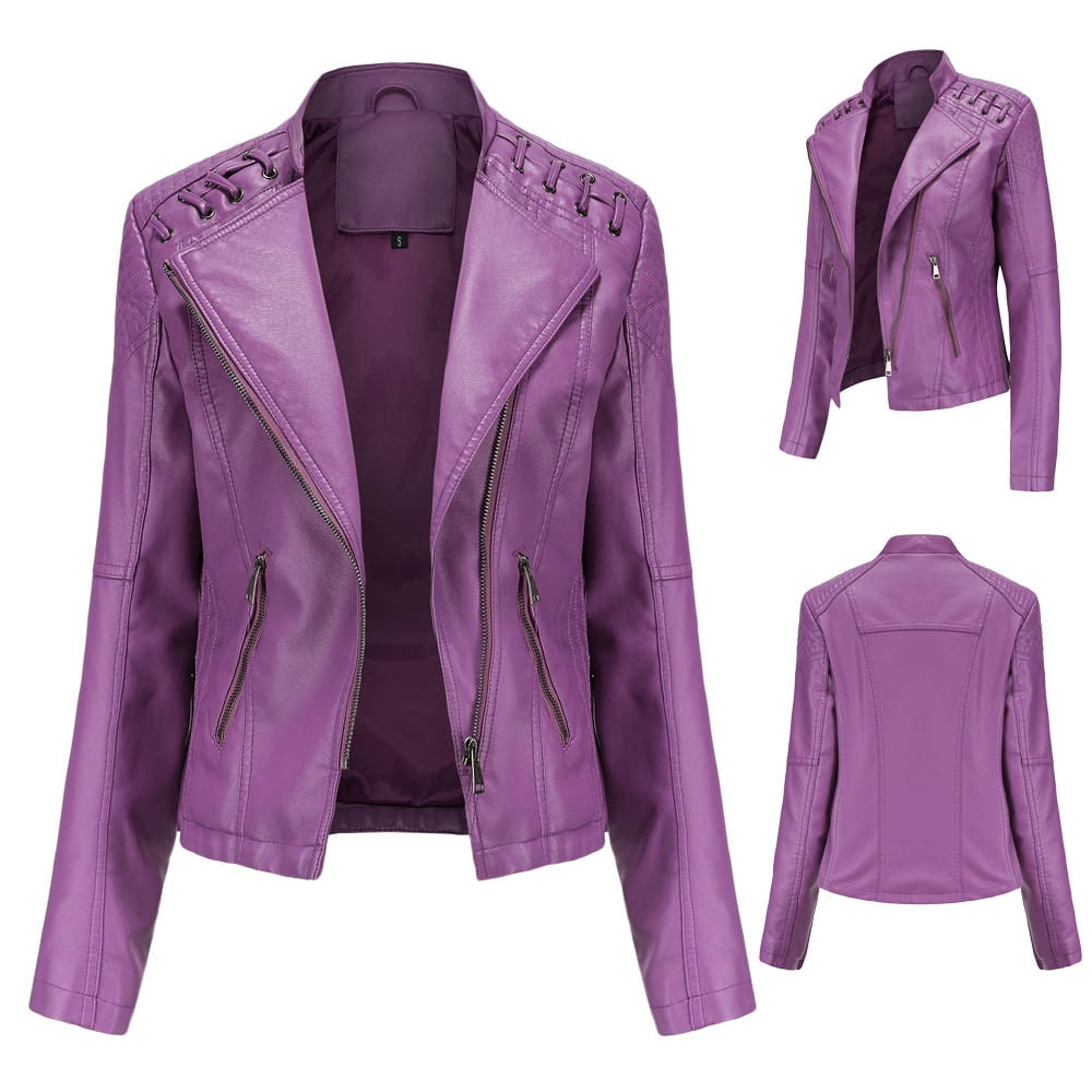 Atogsazn Womens Faux Leather Zip Up Jackets Casual Biker Long Sleeve Moto Coat Fall Fashion Outerwear A-Purple M