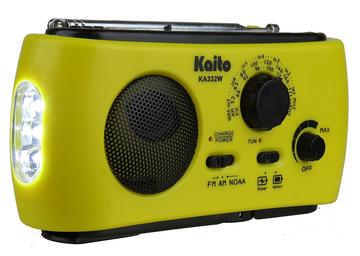 Kaito KA332W Portable Hand Crank Solar AM FM NOAA Weather Radio with 3-LED Flashlight - Yellow