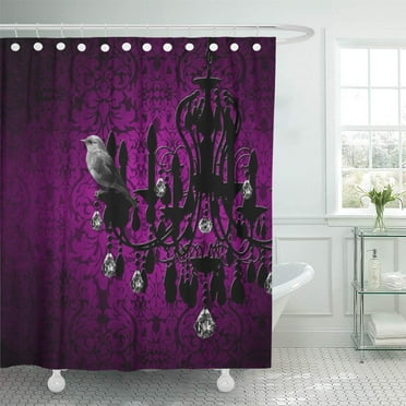 CYNLON Vintage Bird Purple Damask Sparkly Chandelier Floral Bling Blingy Bathroom Decor Bath Shower Curtain 66x72 inch