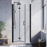 Sunny Shower Bifold Pivot Swing Frameless Shower Door in Black 34 in.W x 72 in.H