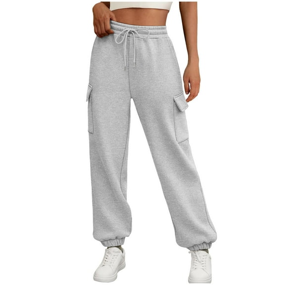 Zylanna Women's Cargo Sweatpants with Pockets, Elastic Waist Baggy Solid Color Soft & Warm Casual Jogger Pants for Women Khaki