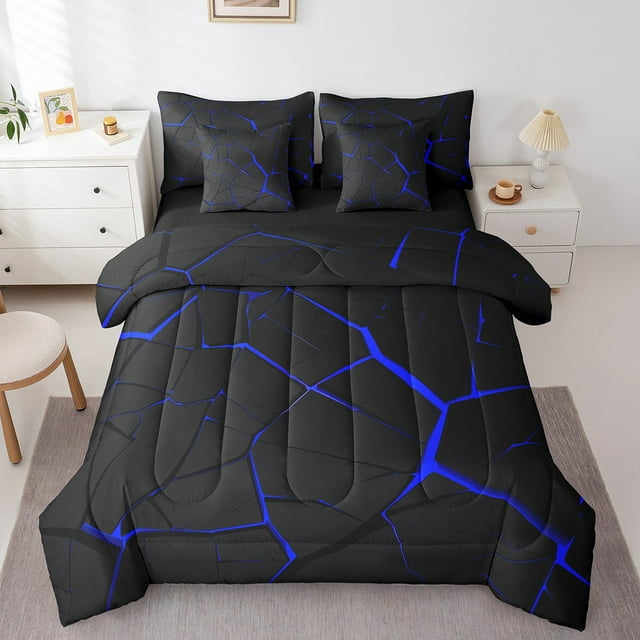 YST Abstract Geometry 7 Piece Bed in a Bag, Blue Honeycomb Print Comforter Set, Full