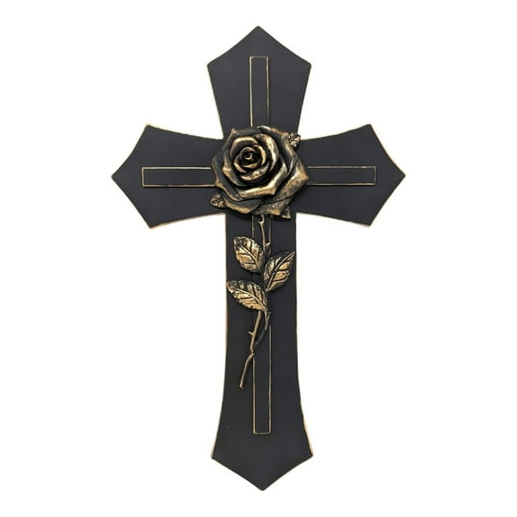 Black Wall Cross with Golden Tone Rose Spiritual Wall Art Decoration Religious Gift Jesus Spiritual Art Sculpture