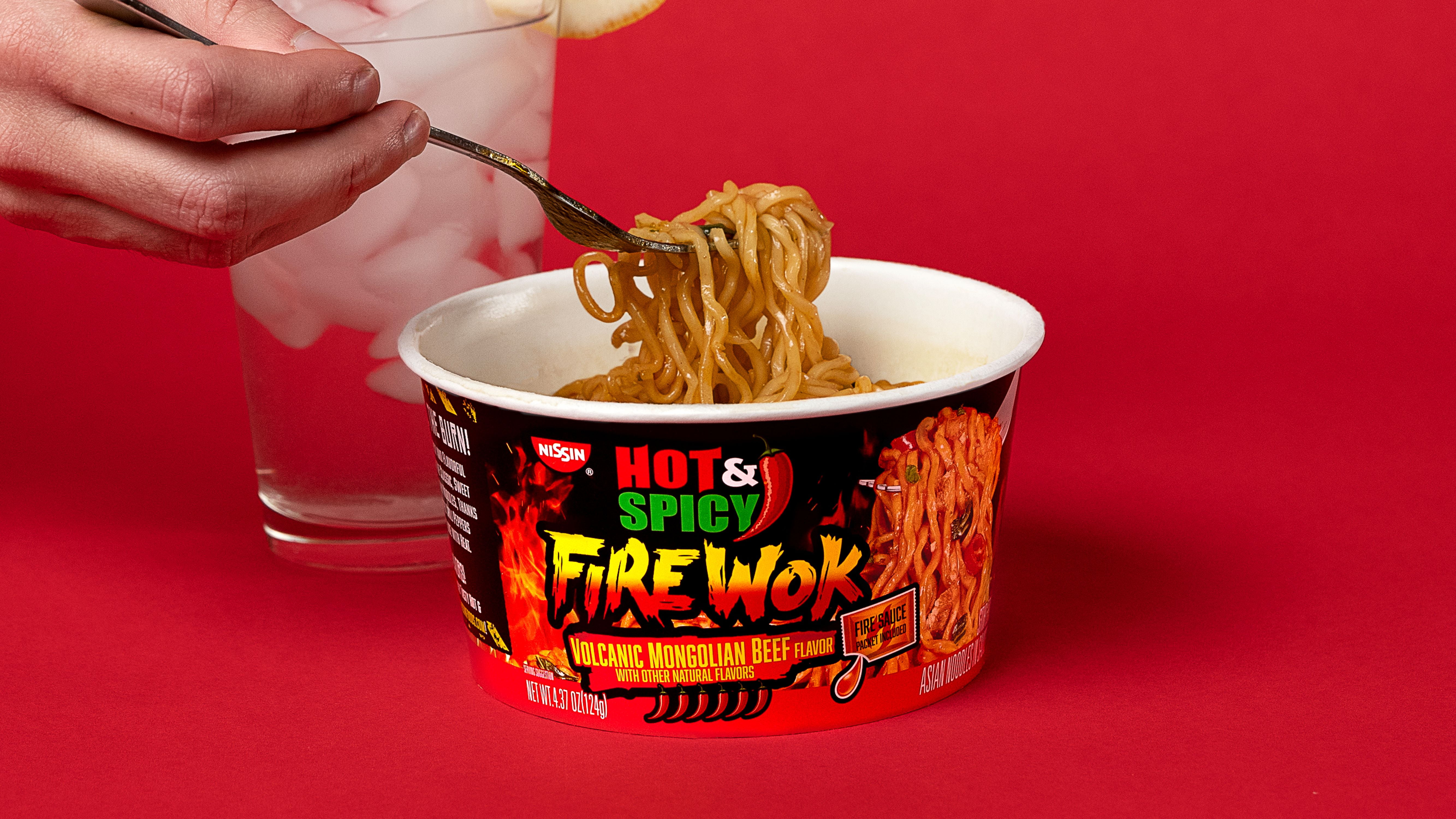 (2 pack) Nissin Foods Hot & Spicy Fire Wok Asian Noodles Soup, Volcanic Mongolian Beef Flavor, 4.37 oz Bowl, Shelf-Stable