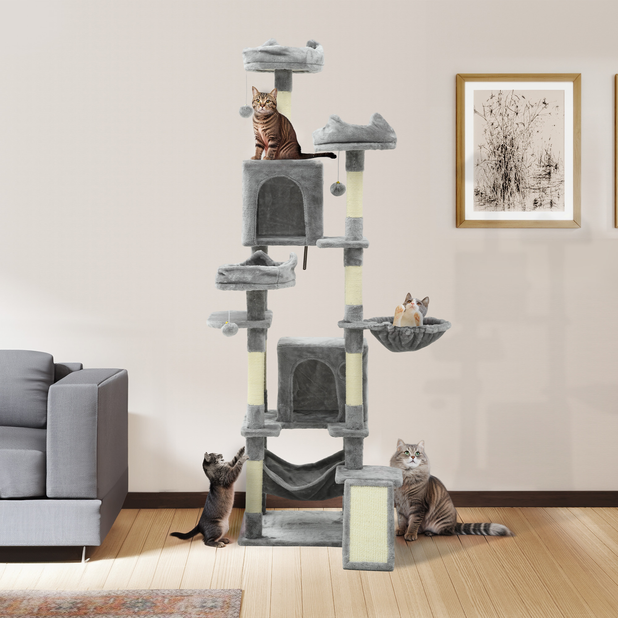 Uforic 75in Large Cat Tree Tower, Multi-Level Cat Condos, with Scratch Posts, Cozy Basket Hammocks, Top Perches, Sisal Ramp, Light Gray