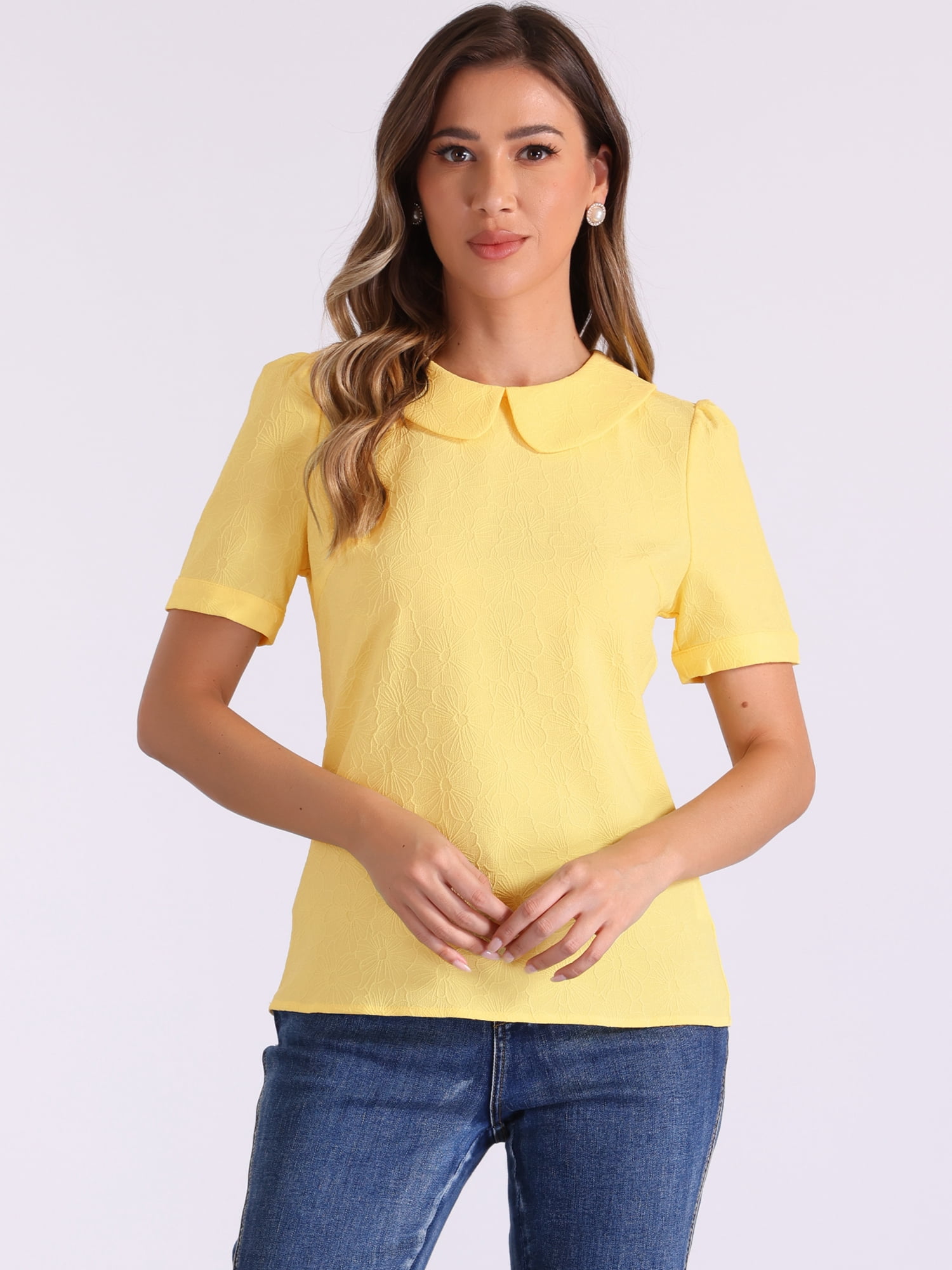 DARING DIVA Floral Puff Kawaii Peter Pan Collar Blouse M Yellow