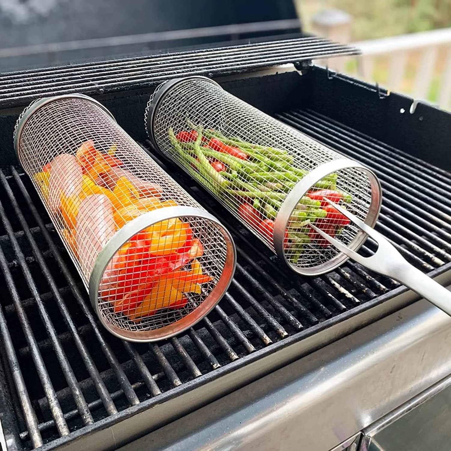 BBQ Net Tube, Nonstick Barbecue Bag, Grill Basket Stainless Steel with Removable Mesh Cover BBQ
