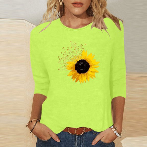 POTETI Womens Shirts for Winter Winter Casual Printed T-shirt Mid-length 3/4 Sleeves Blouse Round Neck Casual Green Blouse and Tops for Women