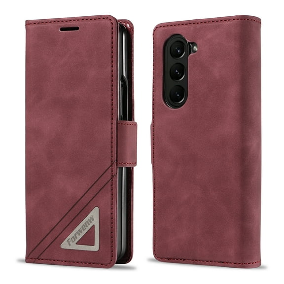 ELEHOLD for Samsung Galaxy Z Fold 5 Luxury Leather Wallet Case with Card Holders Magnetic Clasp Kickstand Function Shockproof Protective Cover for Samsung Galaxy Z Fold 5 2023,Winered