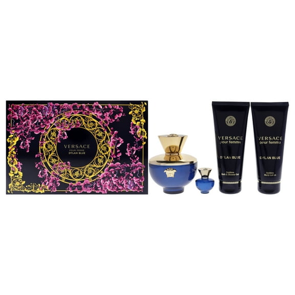 Dylan Blue by Versace for Women - 4 Pc Gift Set 3.4oz EDP Spray, 3.4oz Body Lotion, 3.4oz Bath and Shower Gel, 0.17oz EDP Spray