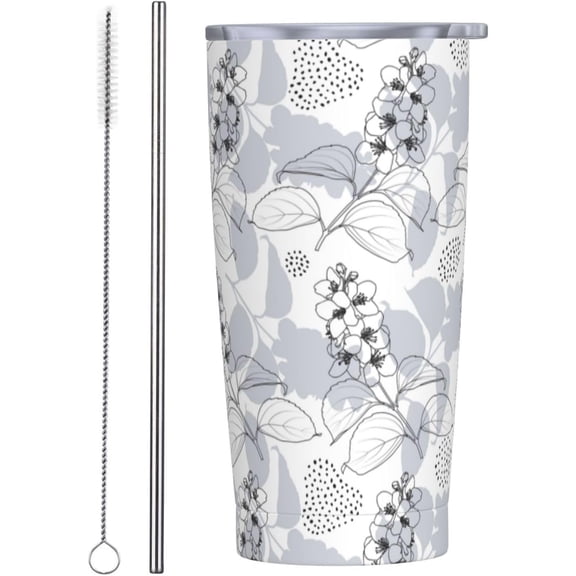 Gray flower Tumbler,Flowers 20oz Stainless Steel Insulated Travel Tumblers,Travel Coffee Mug with Lid and Straw Water Bottle Drink Tumbler Cups Gifts for Women Men Lovers