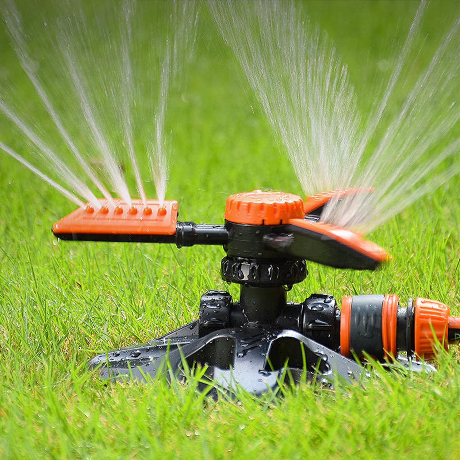 Blütezeit Lawn Sprinkle 2pcs, Upgraded Water Sprinkler with 2 Adjustable Spraying Modes, Automatic 360 Degree Rotating for Watering Grass/Garden/Yard (Fitting & Quick Connectors Included)