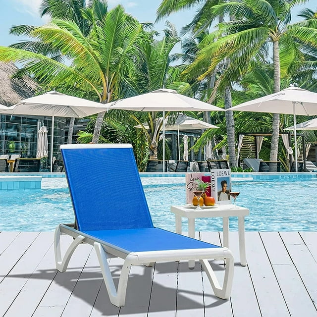 Domi Outdoor Living Aluminum Chaise Lounge Chair with Adjustable Backrest, All-Weather Textilene, and Side Table for Pool, Deck, Lawn, Backyard (1 Blue Chair with 1 Table)