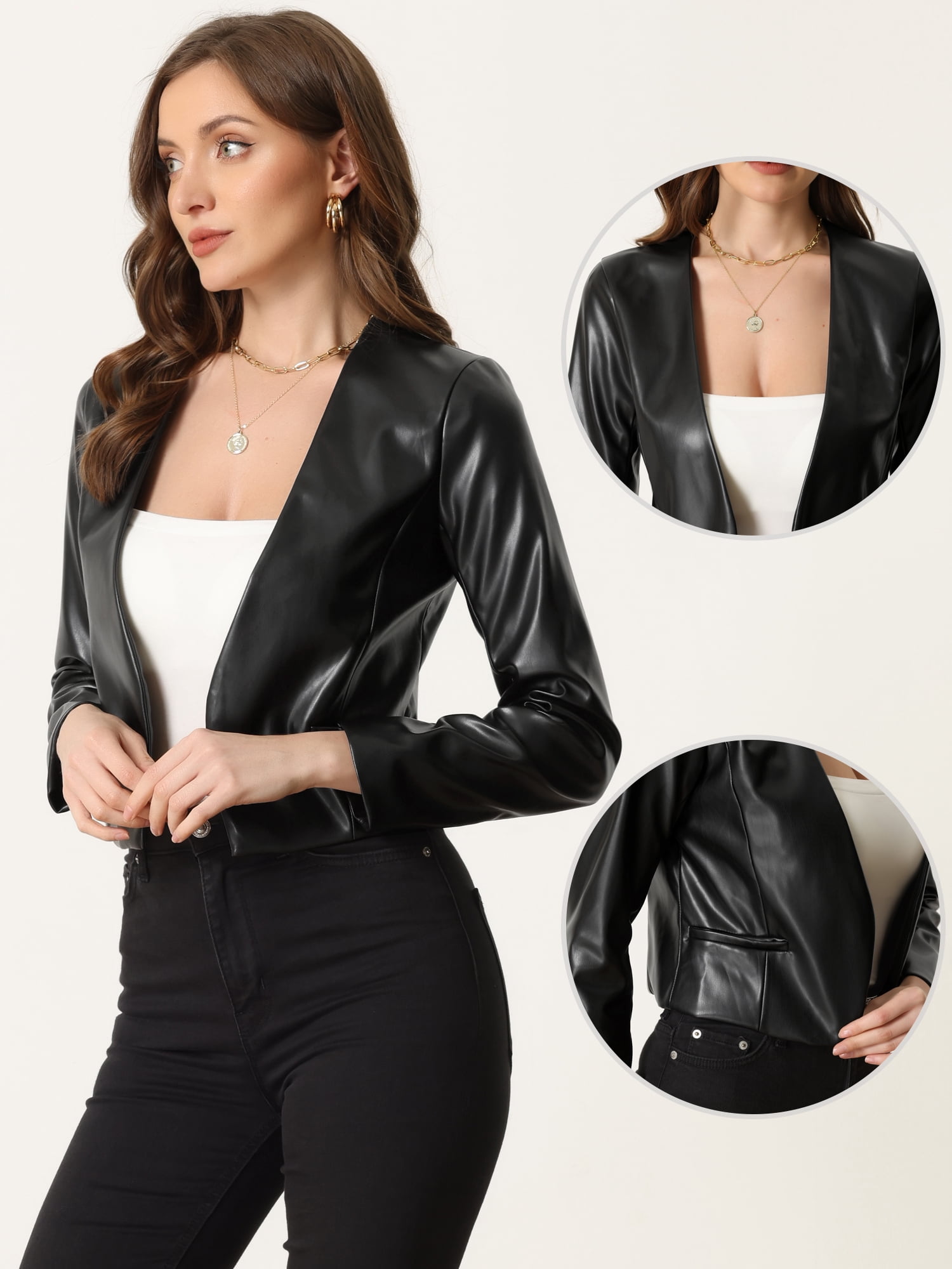 DARING DIVA Women's Crop Collarless PU Moto Biker Jackets S Black