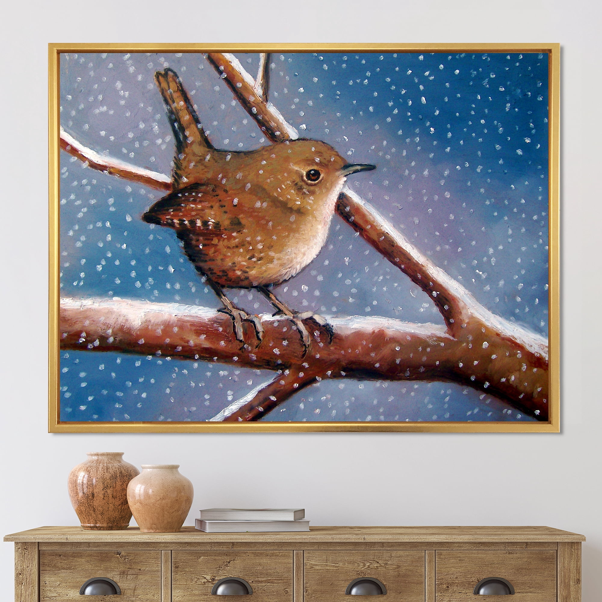 Designart 'Wren Bird On Branch In Winter' Farmhouse Framed Canvas Wall Art Print