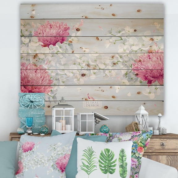 Designart 'Apple Blossom and Chrysanthemums' Traditional Print on Natural Pine Wood