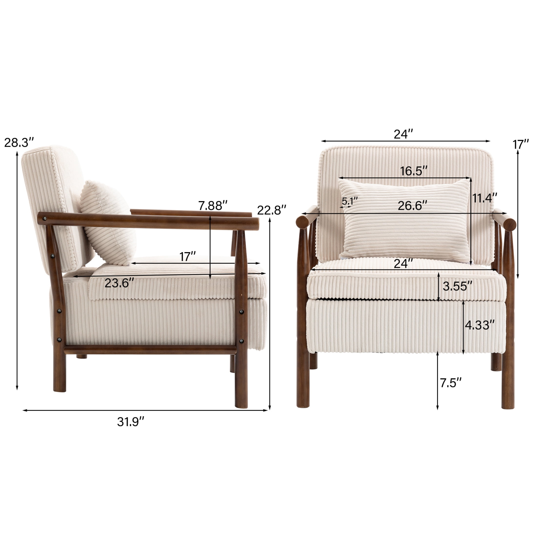 GDF Studio Almere Mid-Century Modern Accent Chair with Under-Seat Storage, Corduroy Reading Armchair, Antique White
