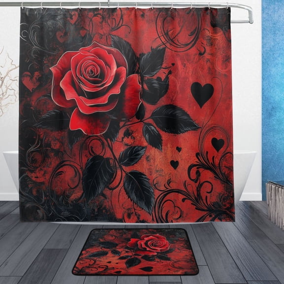BZSMCE Shower Curtain and Bath Accessory Set,Deep Red Rose Pattern