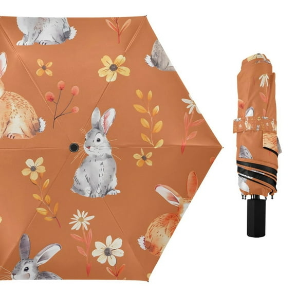 Cartoons Bunny Rabbit and Flower Compact Sun Umbrella Windproof Travel Umbrellas for Rain Strong Portable UV Protection