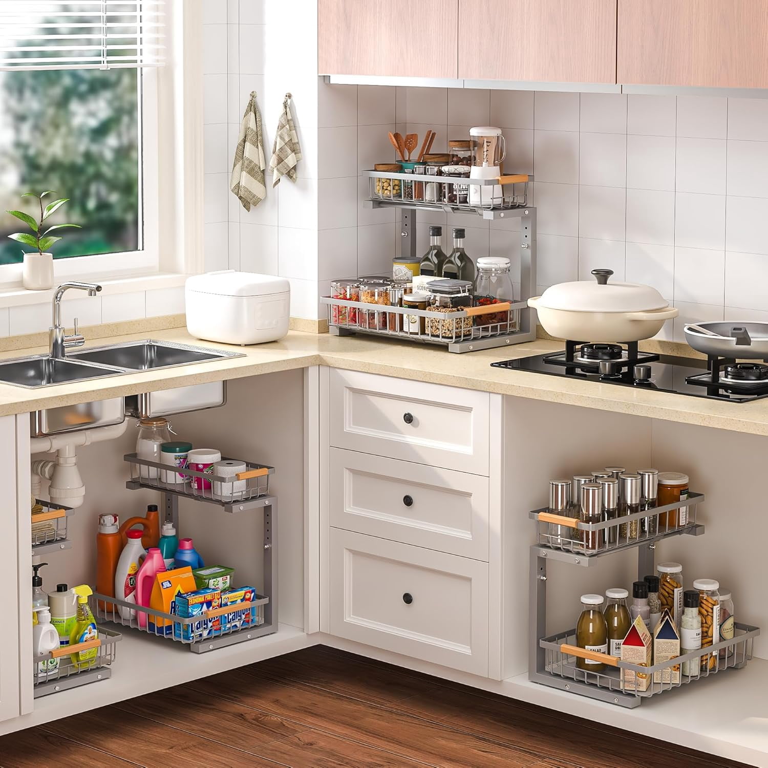 Under Sink Organizer Storage 2 Pack, 2 Tier Slide Out Height Adjustable Pull Out Cabinet Organizer Drawer for Kitchen Bathroom Large Under Sink Shelf Rack Caddy Grey