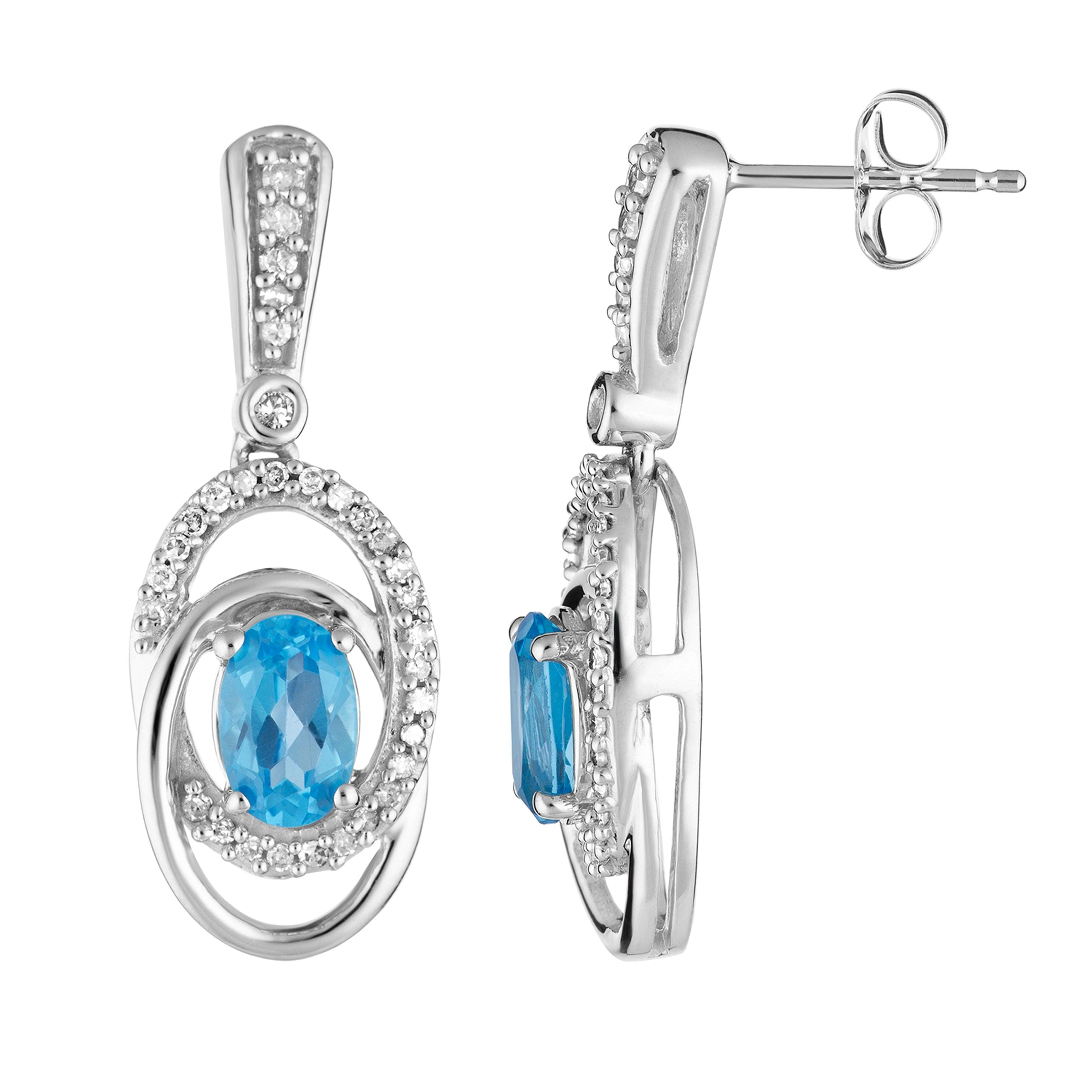 10k White Gold Swiss Blue Topaz & 1/5 Carat T.W. Diamond Interlocking Hoop Drop Earrings