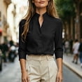 thumbnail image 7 of Enjoytime Shirts for Women Stand Collar V Neck Linen 3/4 Sleeve Tops Lightweight Business Casual Work Blouses, 7 of 7