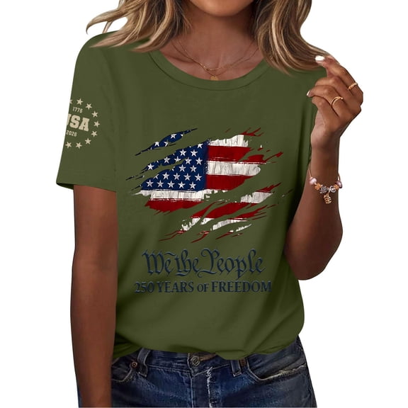 Patriotic Shirts for Women,American Flag T Shirt,250 Anniversary Usa Shirt,American Flag Shirt,Freedom Shirt,American Flag Vintage 250 Years 1776-2026 250th Birthday T-Shirt,Army Green,Large