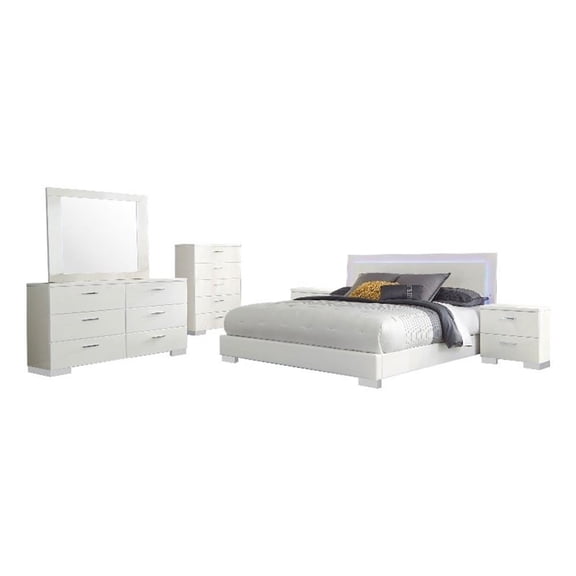Sok 6pc King Bedroom Set- Faux Leather Upholstery- High Gloss White