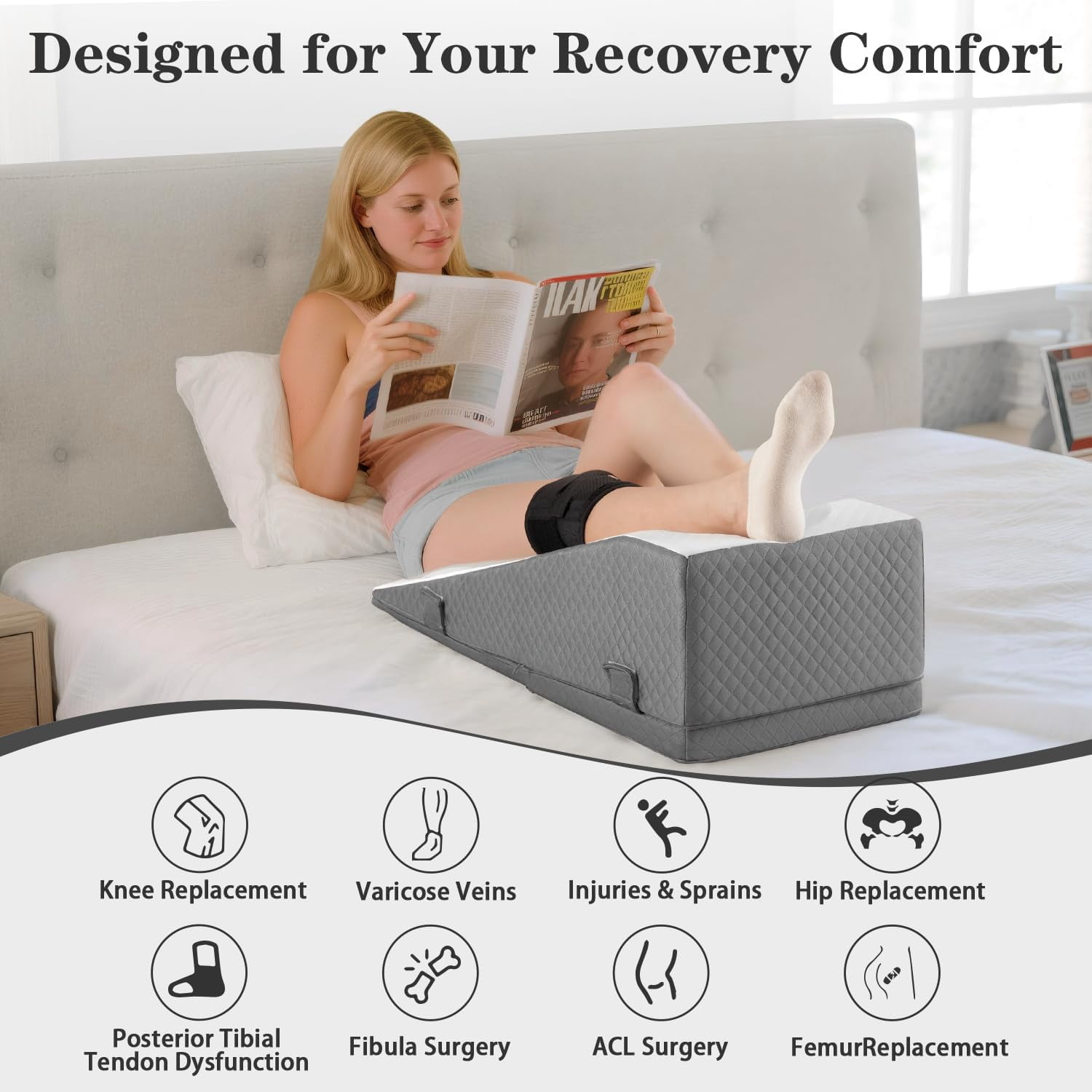 Leg Elevation Pillow for After Surgery – Adjustable Height Knee Surgery Recovery Leg Support Pillow, Designed for Knee Replacement Recovery, Single Leg Elevating Wedge