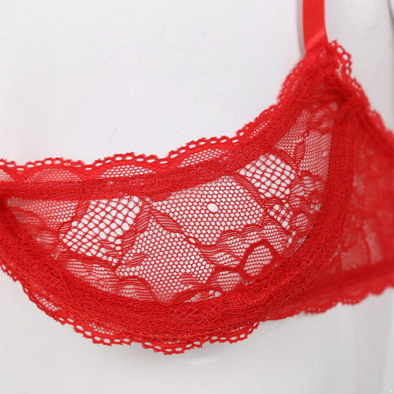 YONGHS Women Lace Sheer Push Up Bra 1/4 Quarter Cup Underwired Bralette  Lingerie A Red XL 