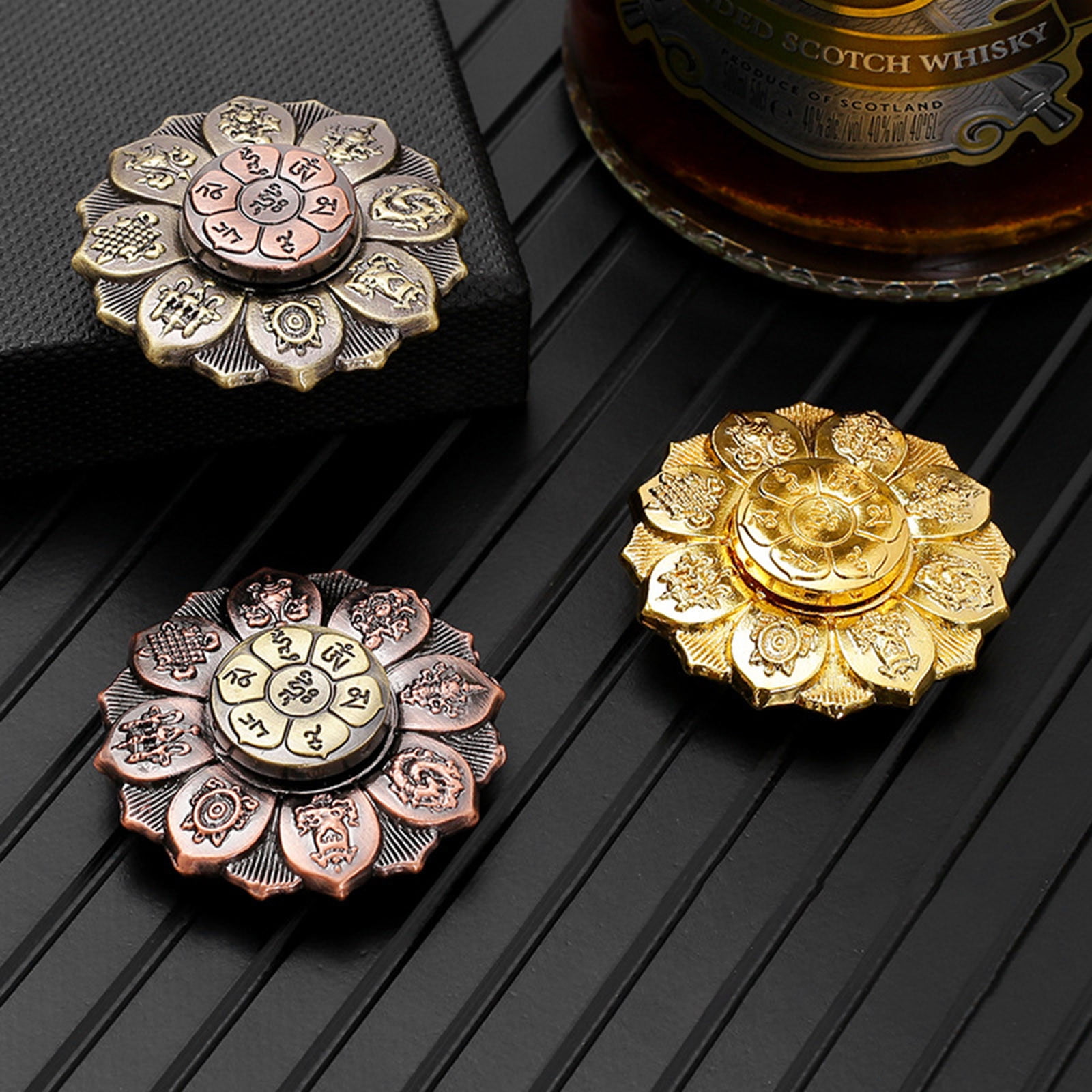 Buddhist Lotus Meditation Fidget Spinner with Sacred Symbols - Antique Copper Finish Stress Relief Tool for Anxiety & Focus - Mindful Relaxation Spinner for Adults and