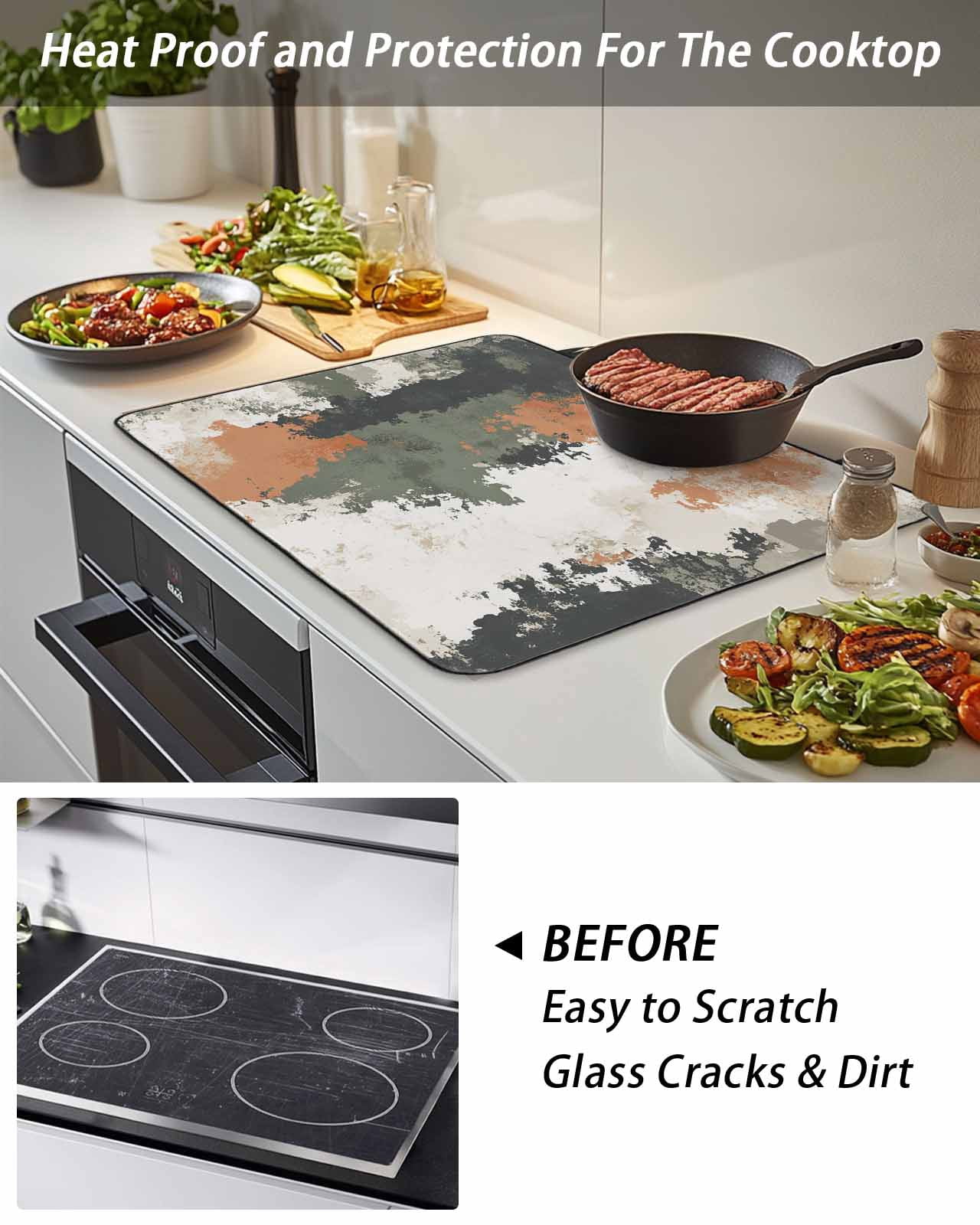 Stove Top Covers for Electric Stove, Vintage Sage Green Orange Glass Stovetop Cover Protector, Modern Abstract Art Induction Cooktop Protector Oven Mat for Kitchen Countertop 24"x21"