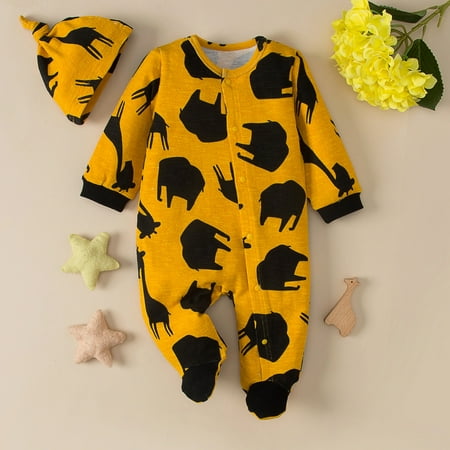

Hunpta Toddler Kids Infant Girls Boys Cartoon Animal Prints Long Sleeves Romper Jumpsuit Hat Set Outfits