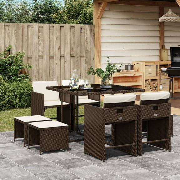 vidaXL 9 Piece Patio Dining Set with Cushions Brown Poly Rattan