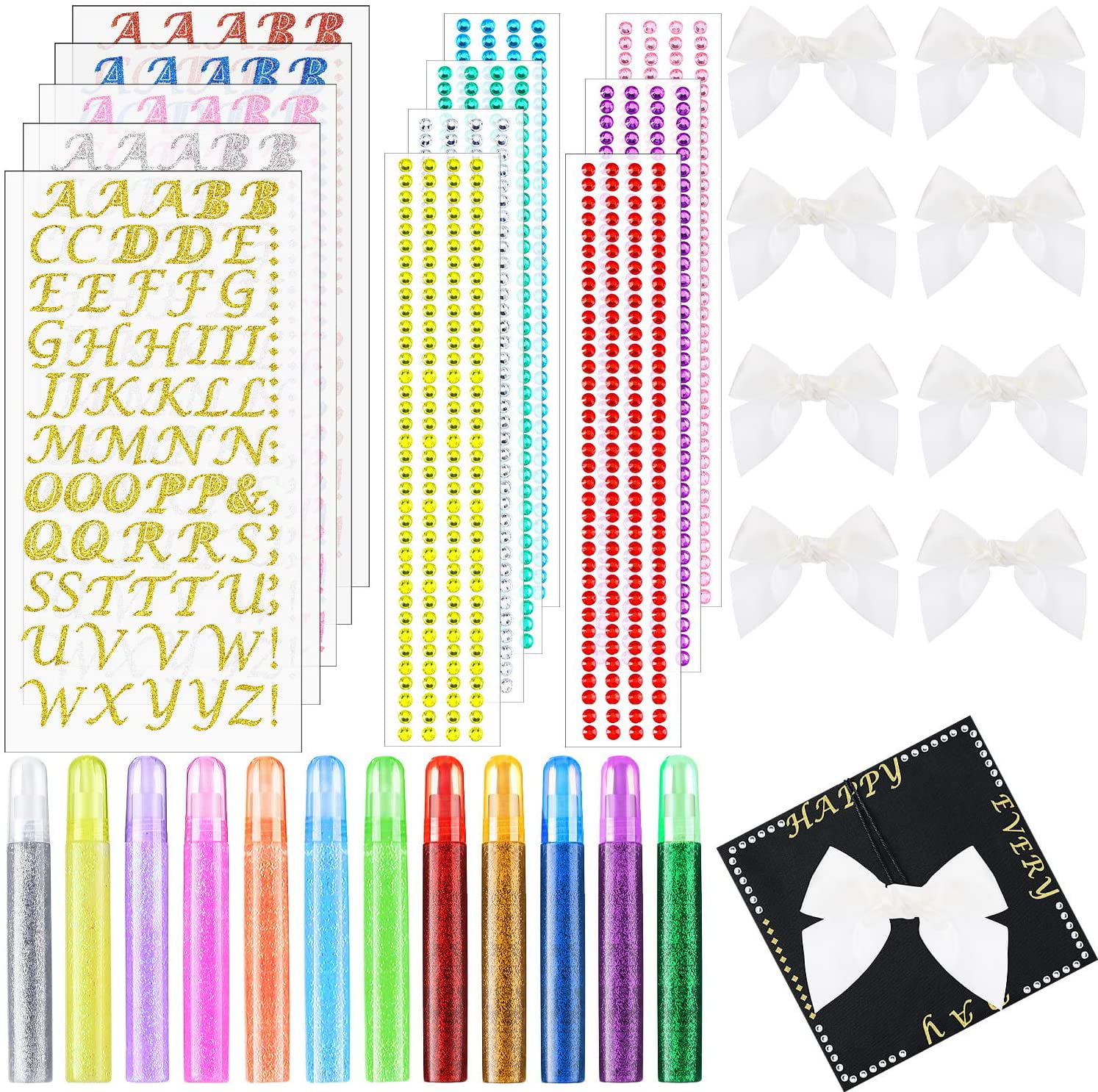 31 Pieces Graduation Cap Decoration Kit Include Rhinestone Stickers Glitter Alphabet Letter Stickers Glitter Glue Pens and Bowknot Ornament for Graduation Party Decoration 