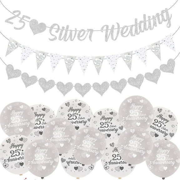25th Anniversary Decorations, 25th Silver Wedding Glitter Banners, 25th Anniversary Bunting Flag and Balloons for Anniversary Party Supplies