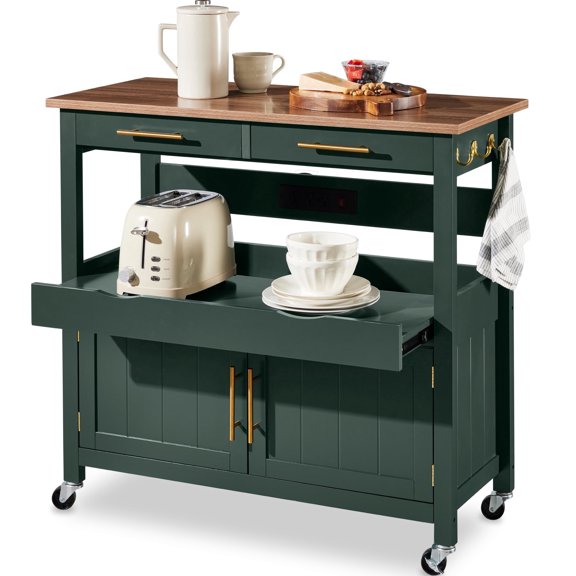 Best Choice Products Chariot Îlot de Cuisine Roulant de 36 Po, Armoire à 2 Portes, Prise, Crochets et Roues - Vert Forêt