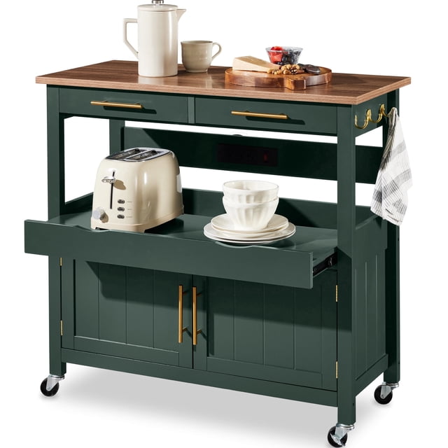 Best Choice Products Chariot Îlot de Cuisine Roulant de 36 Po, Armoire à 2 Portes, Prise, Crochets et Roues - Vert Forêt