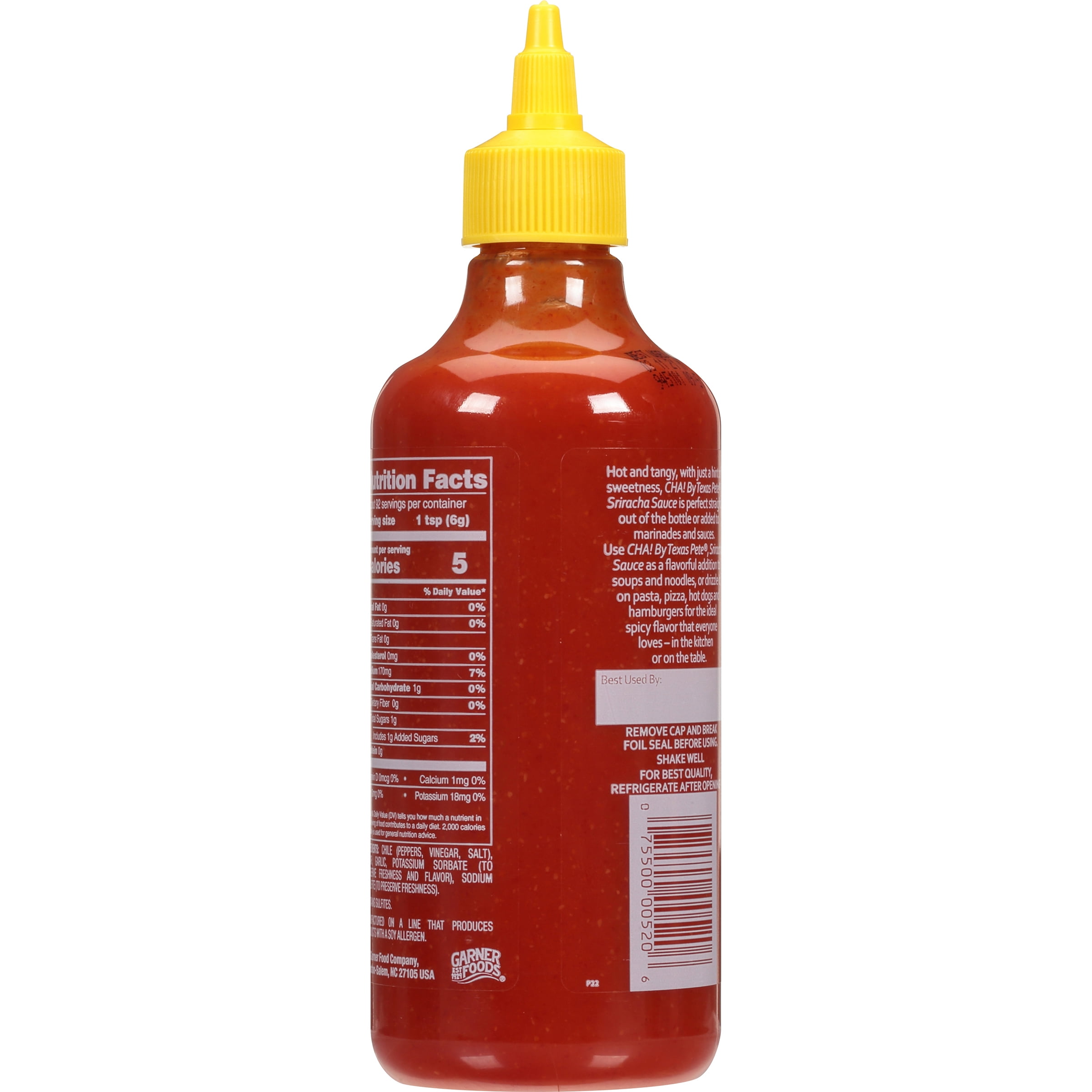 Texas Pete Sriracha Cha Hot Chile Sauce, 18 oz, Made with no Allergens