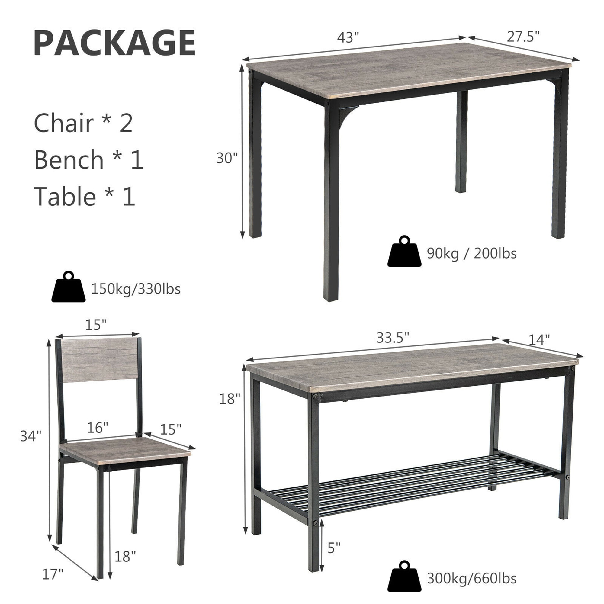 Gymax 4PCS Dining Table Set Rustic Desk 2 Chairs & Bench w/ Storage Rack Grey