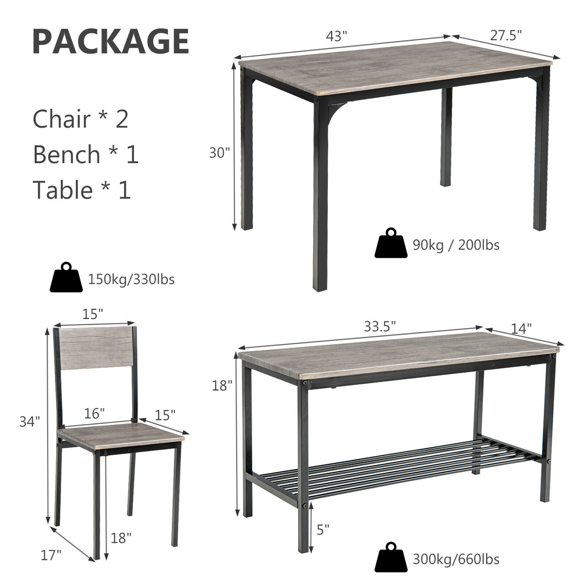 Gymax 4-Piece Dining Set with Bench and Chairs, Grey photo 2